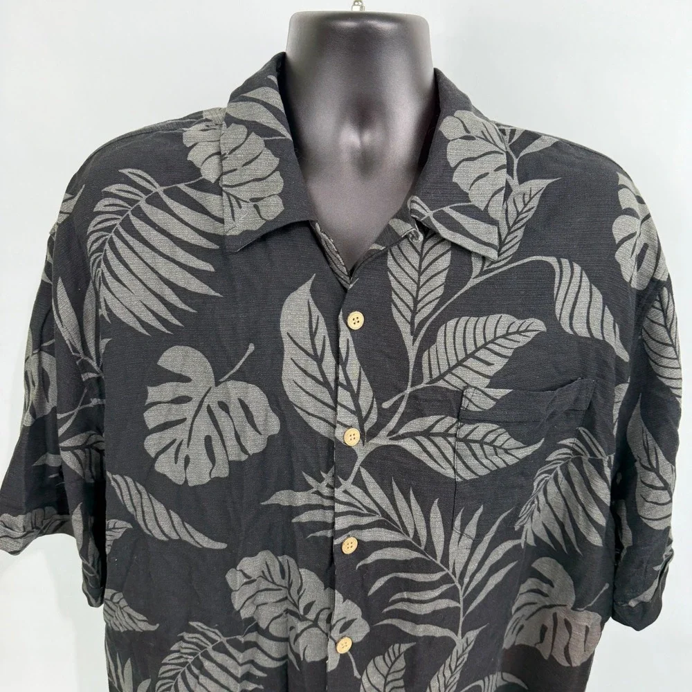 Jamaica Jaxx Mens XXL‎ Silk Tropical Leaf Button Down Shirt Black Grey